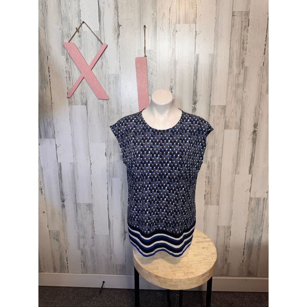 Liz Claiborne Petite Blue Geometric Knit Blouse Womens Size PXL Faux Wrap Border